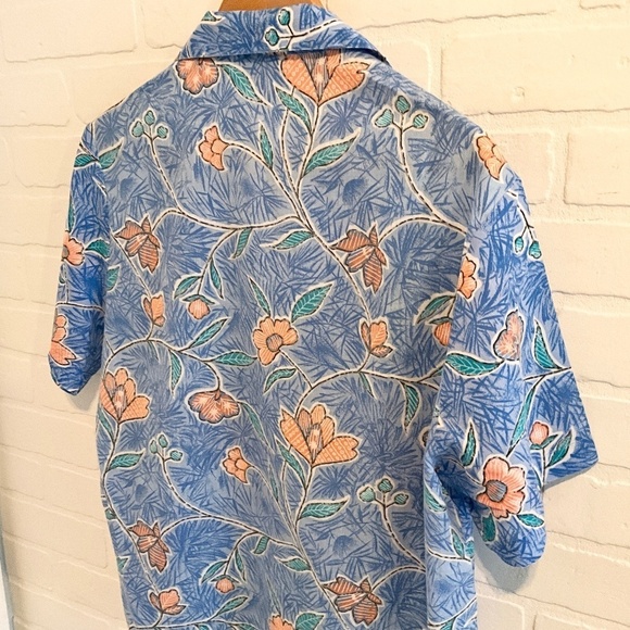 Vintage Button down shirt Floral print Aloha Blue Peach Aqua Sz 12 Petite - Picture 8 of 9